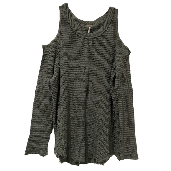 Free People Medium Olive Green Sunrise Cold Shoulder Cut Out Sweater 💯 Cotton R - Picture 3 of 8